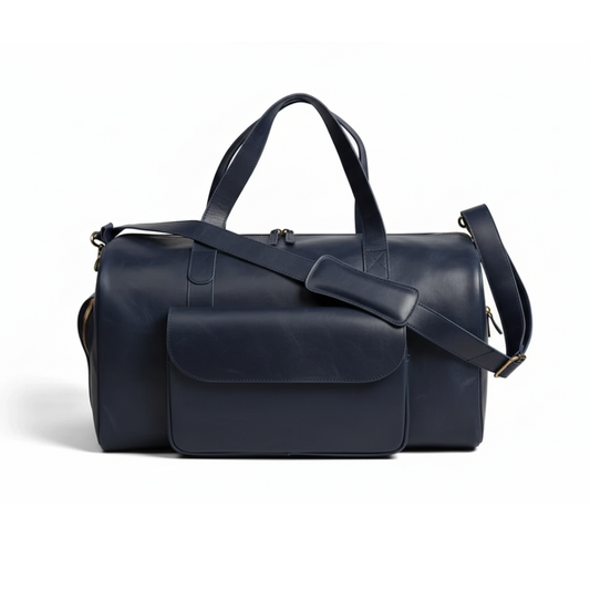 Jacketcart  Navy Full-Grain Pull-Up Leather Duffel Bag