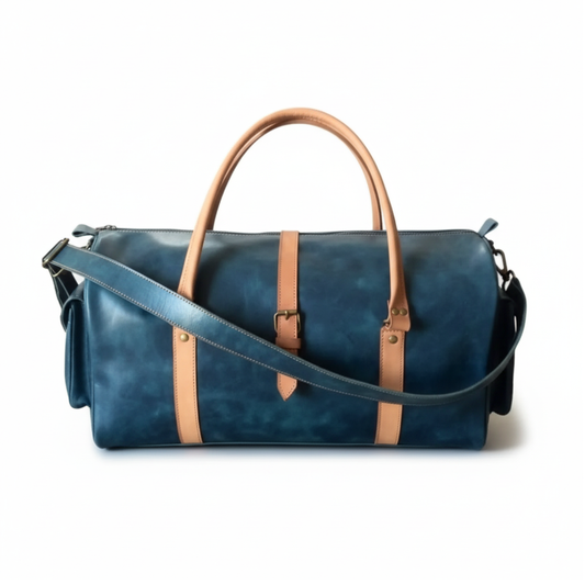 Navy Full-Grain Cow Pull-Up Leather Duffel Bag – Travel Weekender | Jacketcart