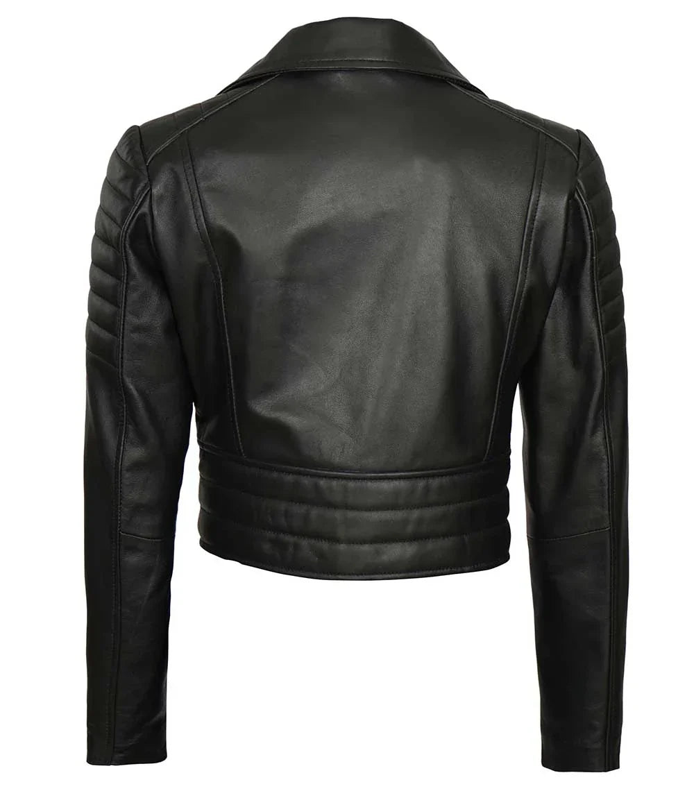 Jacketcart Women's Black Cropped Asymmetrical Leather Moto Jacket – Real Lambskin