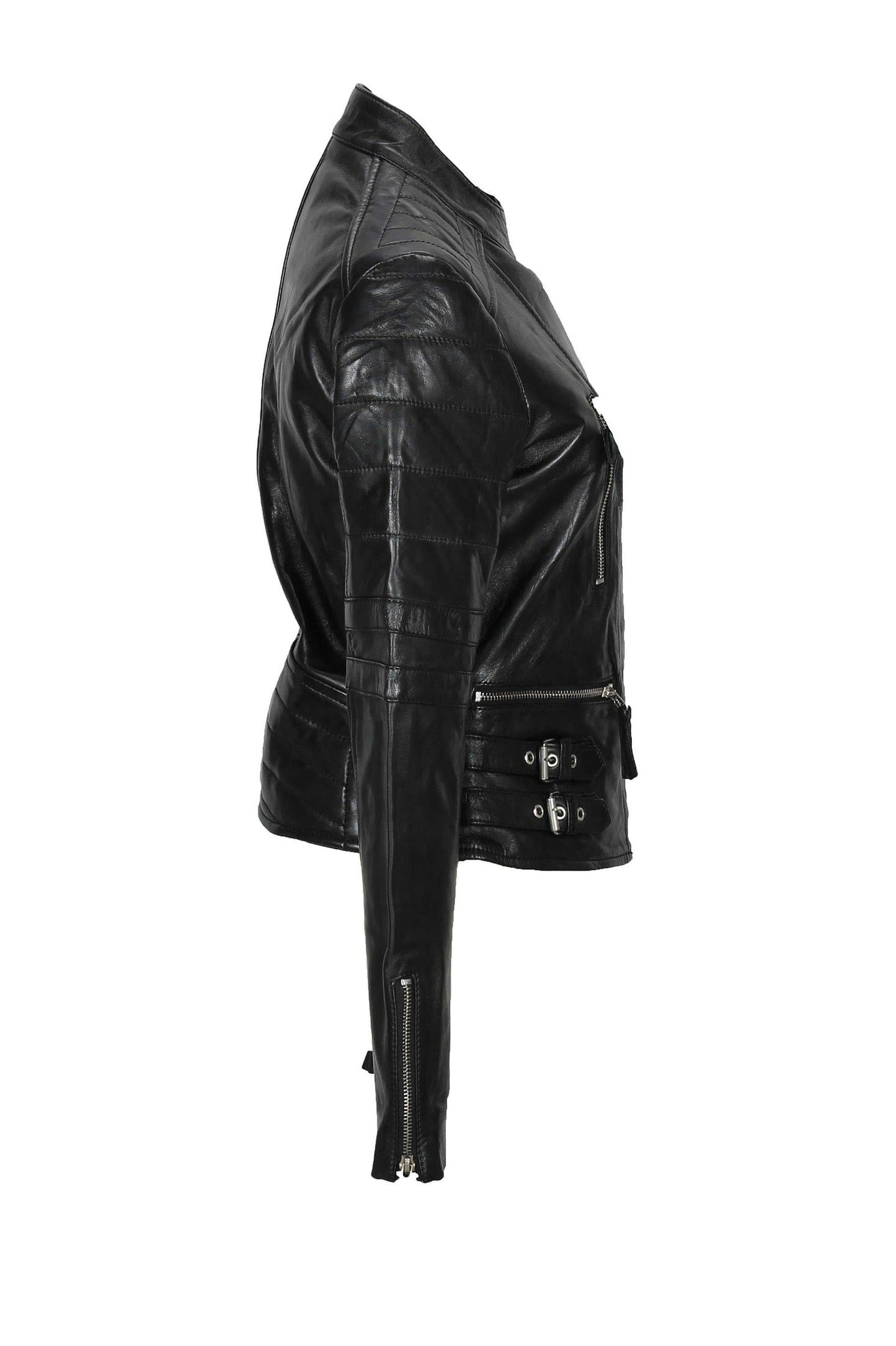 Jacketcart Women’s Black Leather Slim Fit Jacket with Buckle Detail