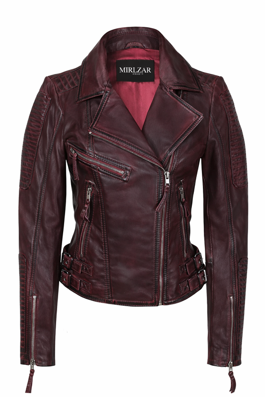 Jacketcart Women’s Retro Leather Biker Jacket with Racing Detail