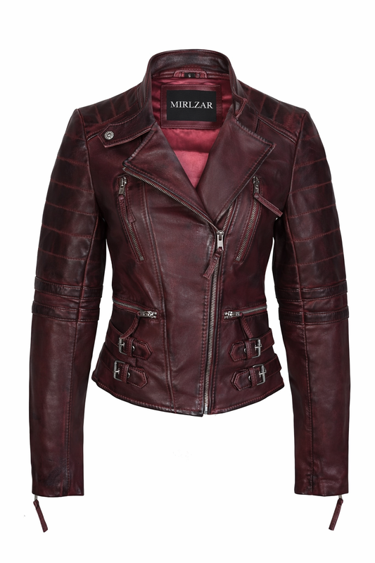 Jacketcart Women’s Wine Leather Slim Fit Jacket with Buckle Detail