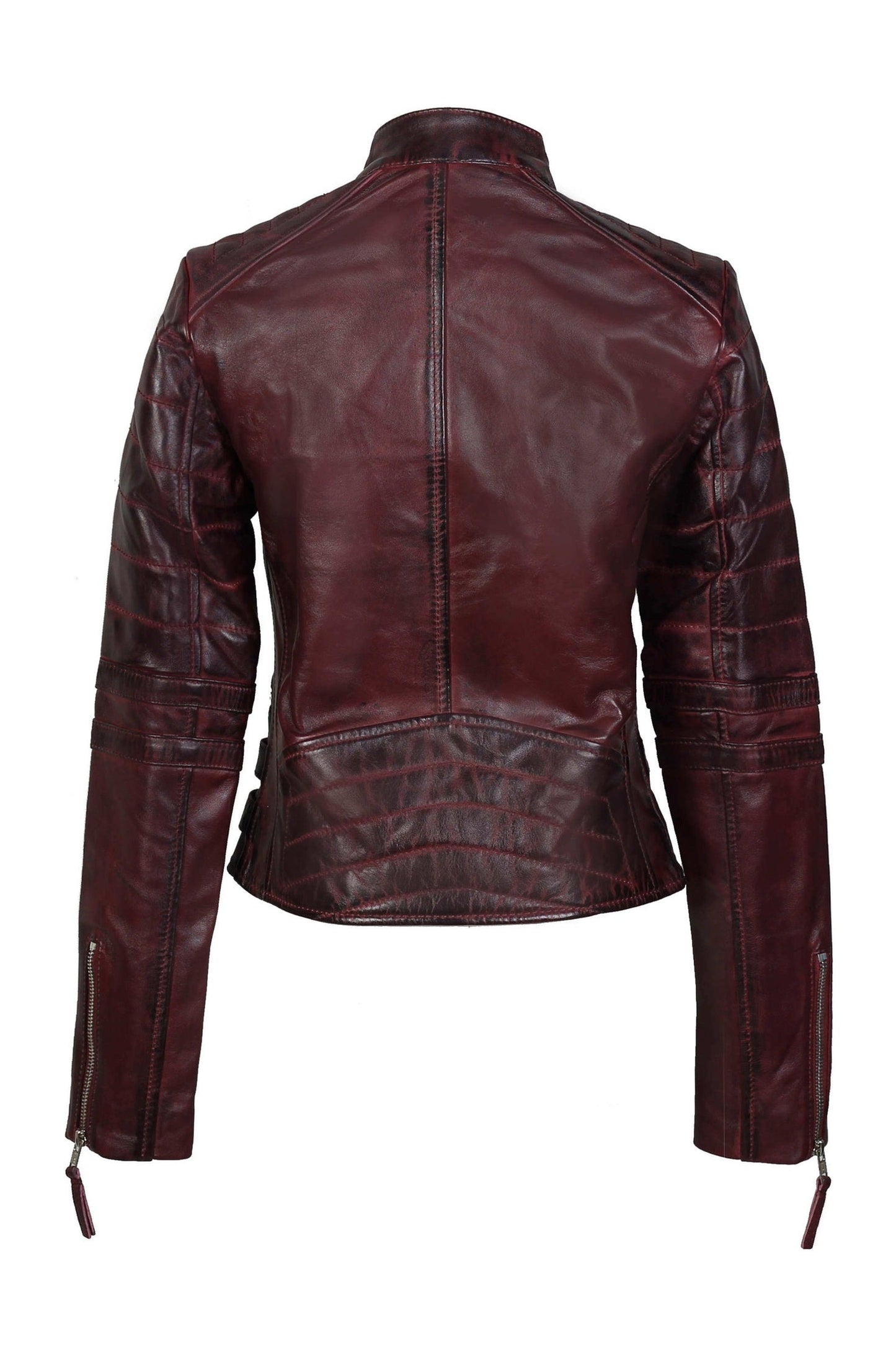 Jacketcart Women’s Wine Leather Slim Fit Jacket with Buckle Detail