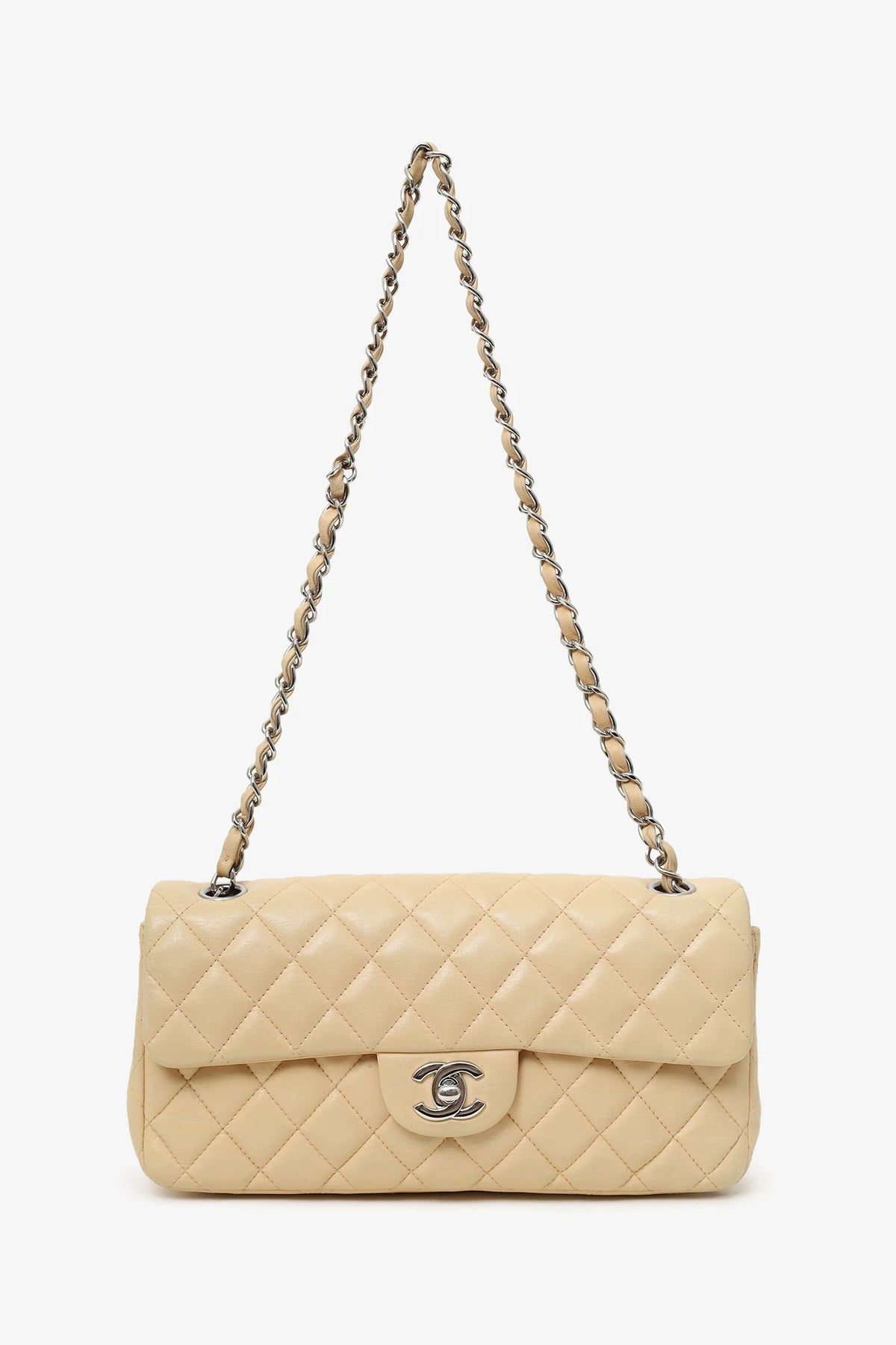 Chanel Classic Flap Bag 25cm Lambskin Leather Silver Hardware Beige