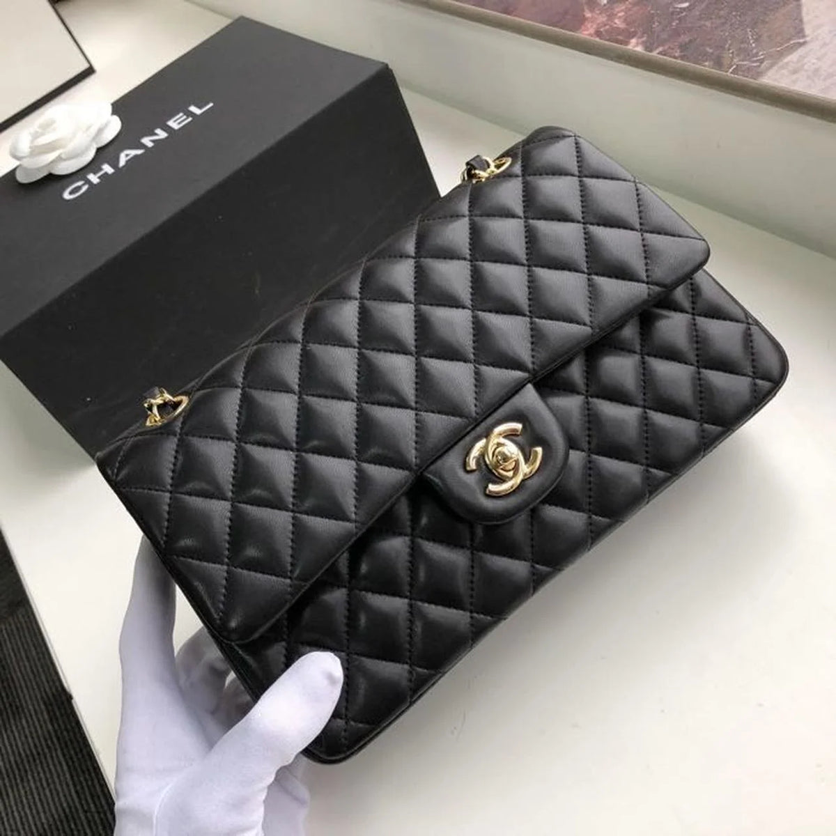 Cha Classic Flap Bag 25cm Gold Hardware Lambskin Leather Spring/Summer Collection Black
