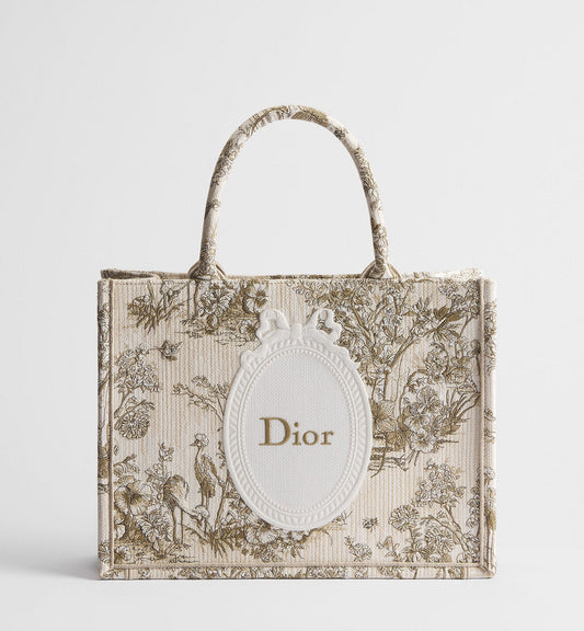 Women's Medium Book Tote With Toile de Jouy Garden Embroidery And Strap