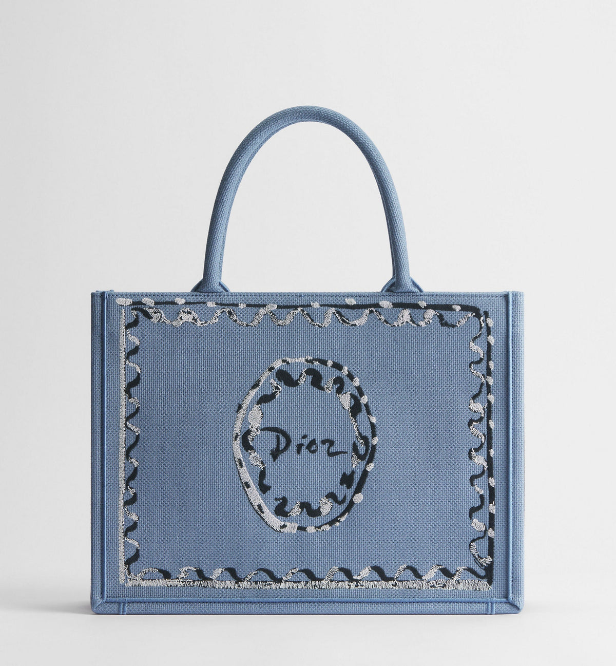 Women's Medium Book Tote With Blue-Greige Painted Ribbon And Shoulder Strap