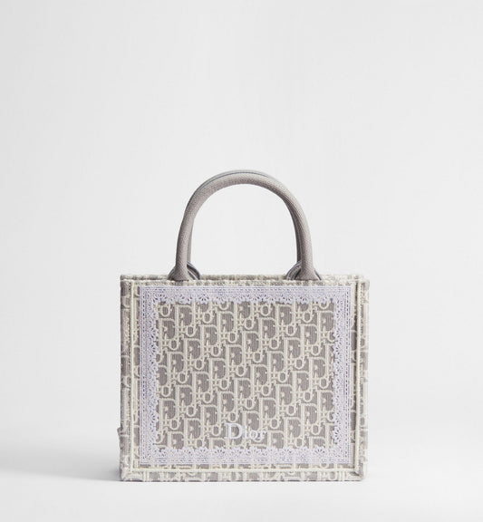 Women's Small Book Tote With Strap In Latte And Gray Oblique Embroidery And White Lace