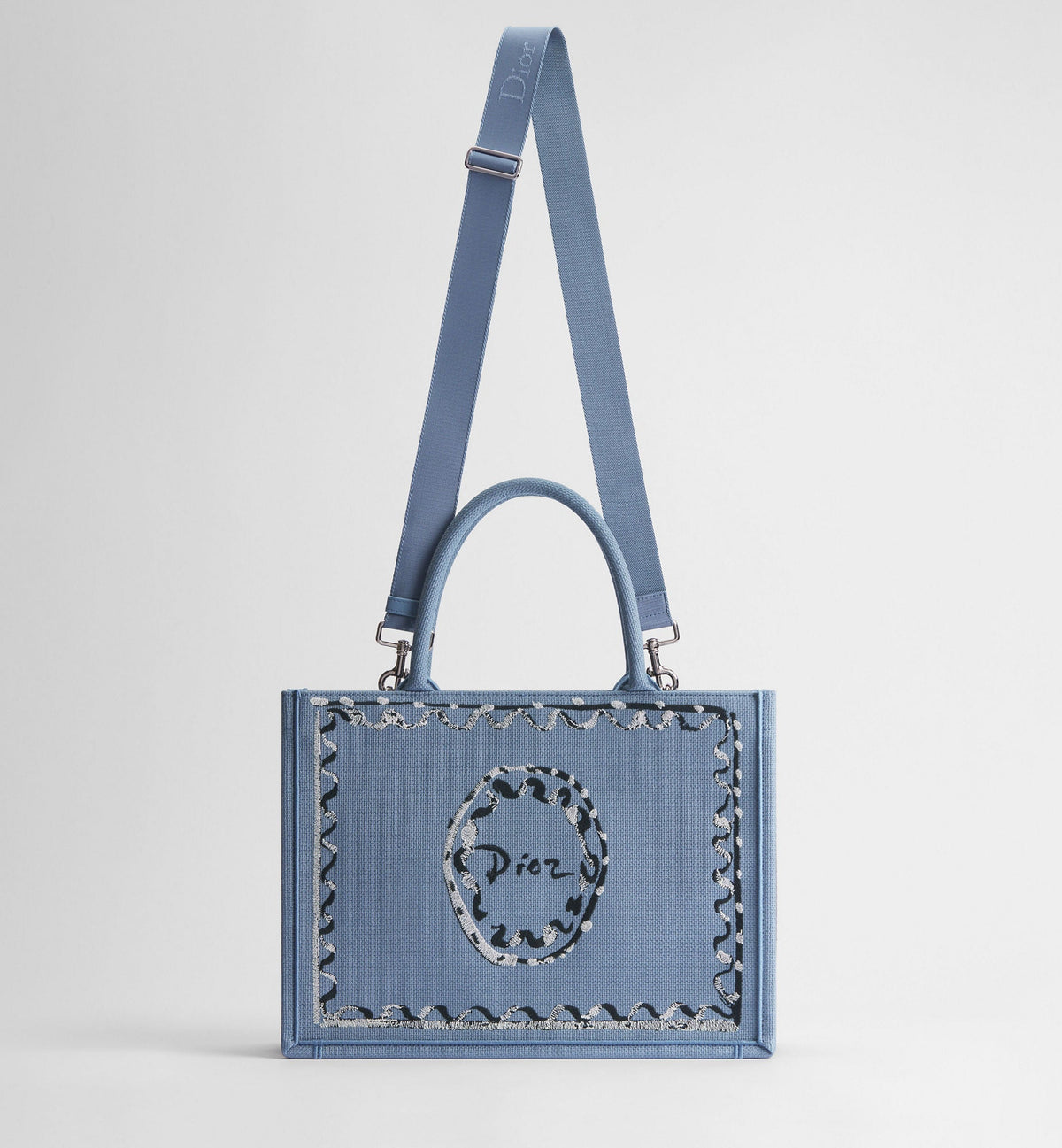 Women's Medium Book Tote With Blue-Greige Painted Ribbon And Shoulder Strap