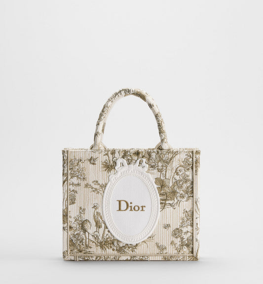 Women's Small Book Tote With Beige Multicolor Toile De Jouy Floral Garden Embroidery And Strap