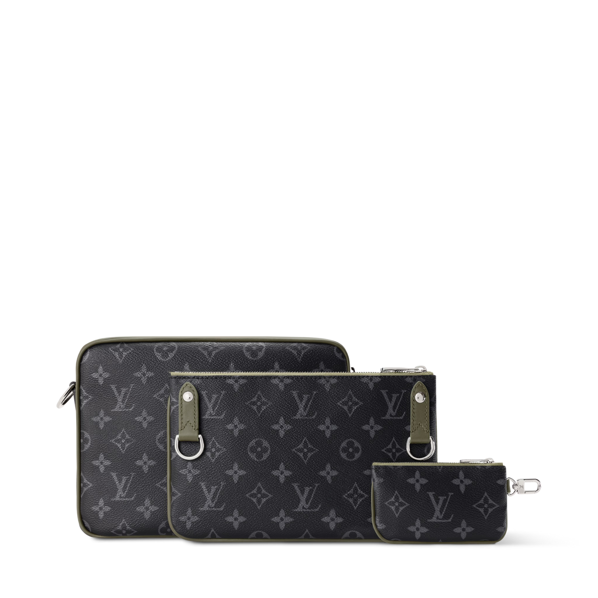 Trio Messenger Monogram Eclipse Canvas Khaki Green Ruthenium-Tone Brass Hardware