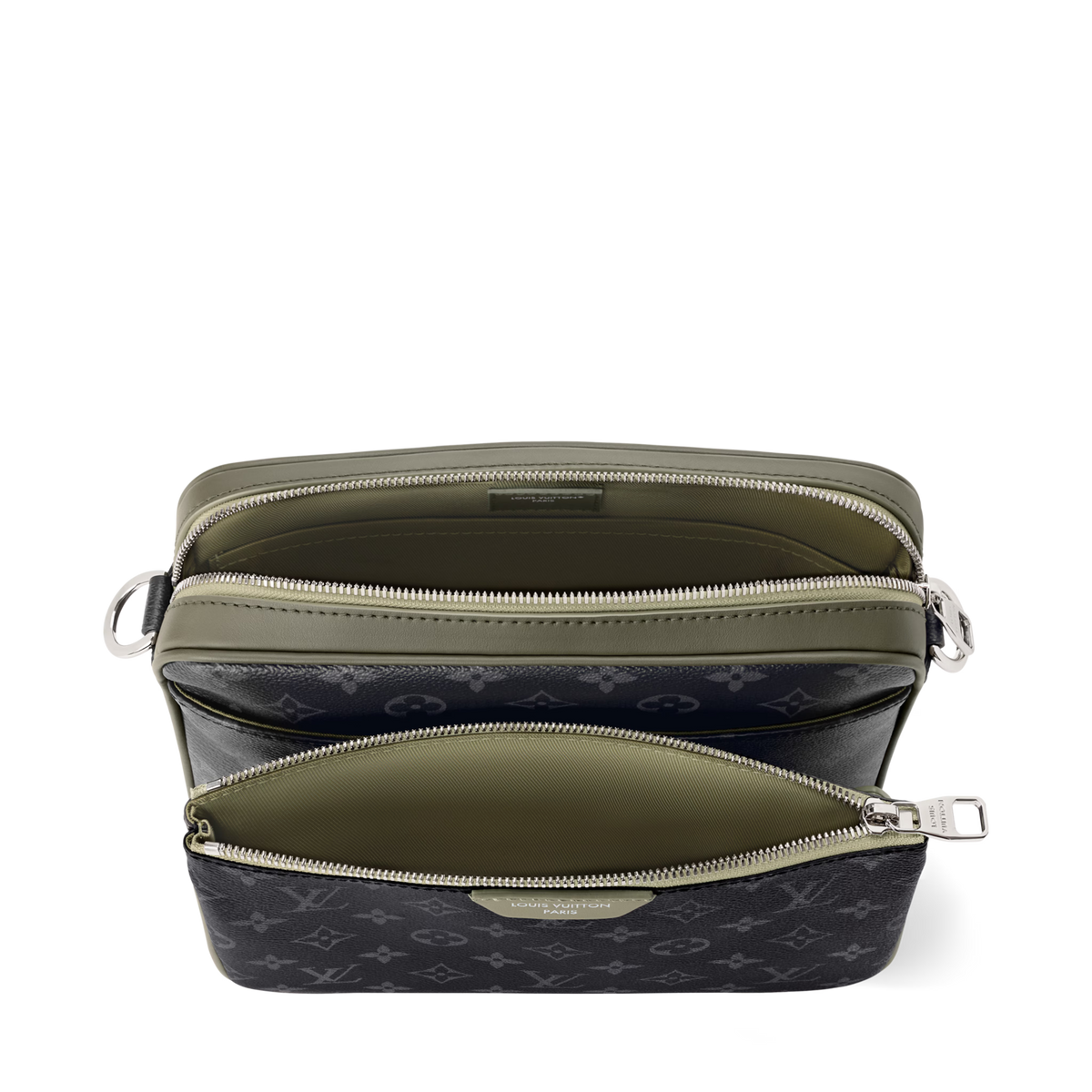Trio Messenger Monogram Eclipse Canvas Khaki Green Ruthenium-Tone Brass Hardware