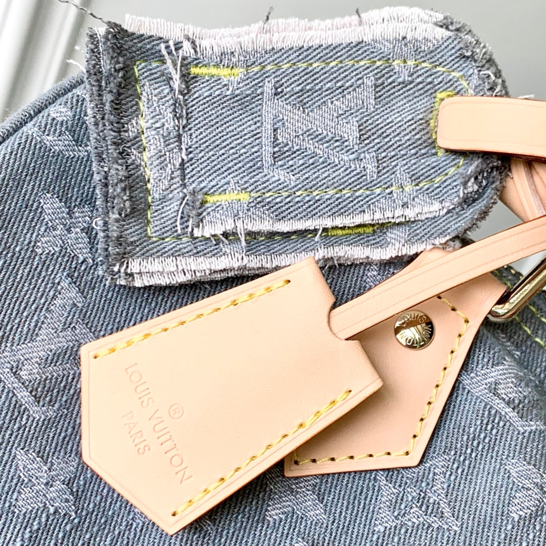 Speedy Soft 30 in Grey Monogram Denim Light Brown Calfskin