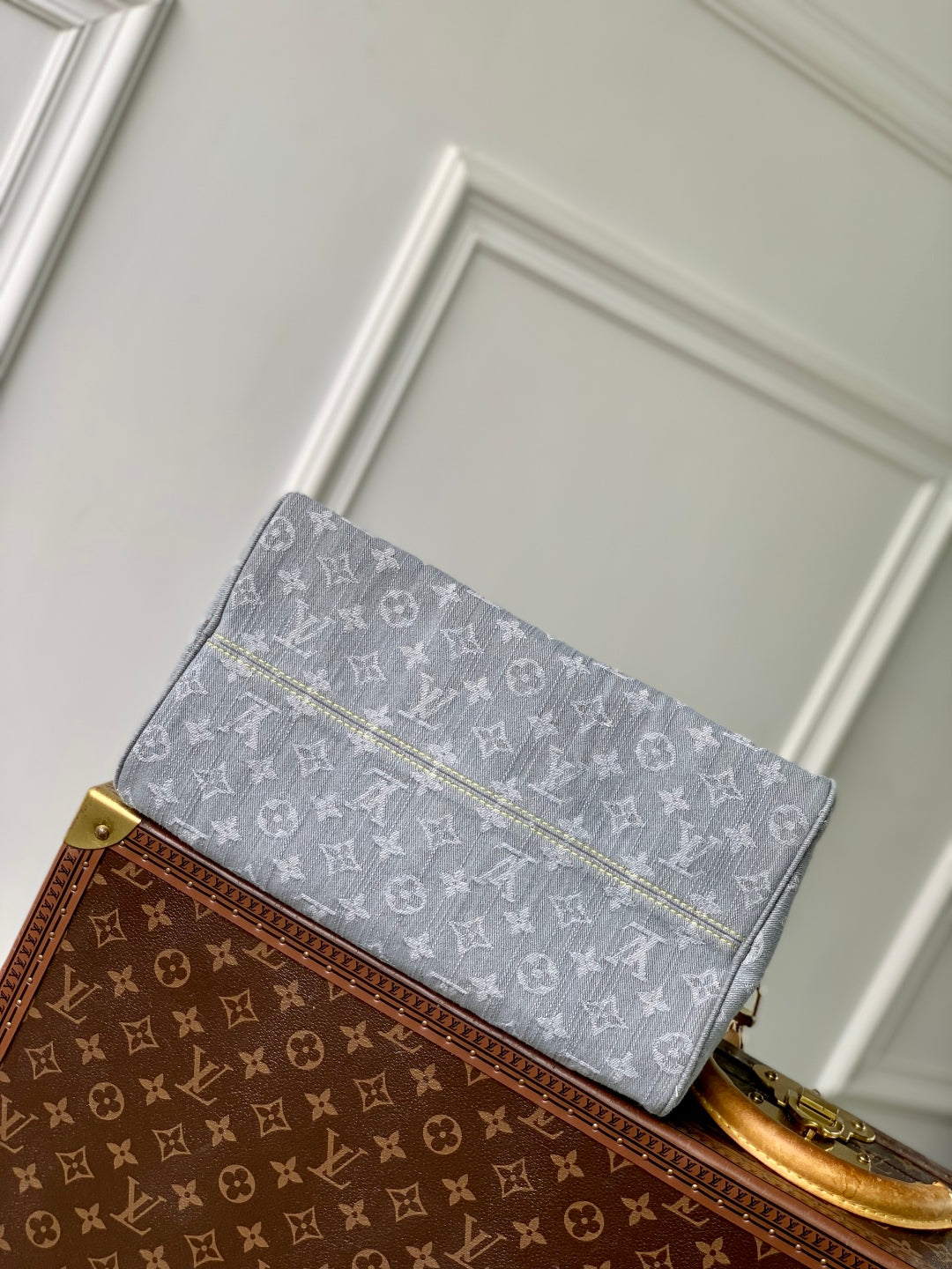Speedy Soft 30 in Grey Monogram Denim Light Brown Calfskin