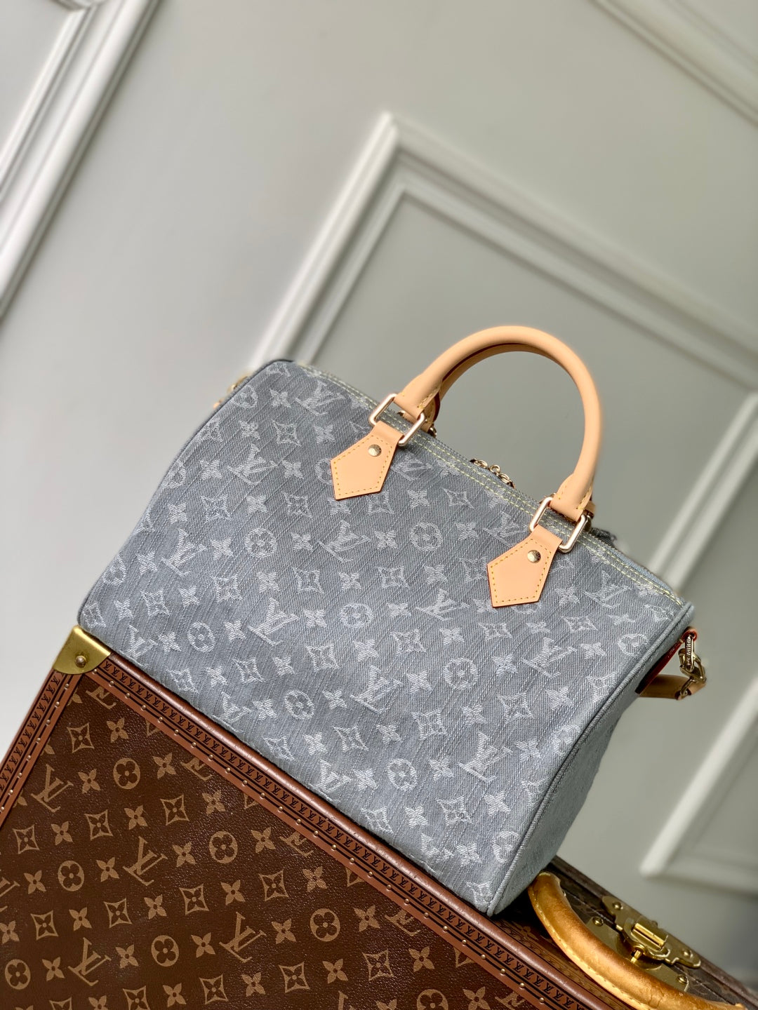 Speedy Soft 30 in Grey Monogram Denim Light Brown Calfskin