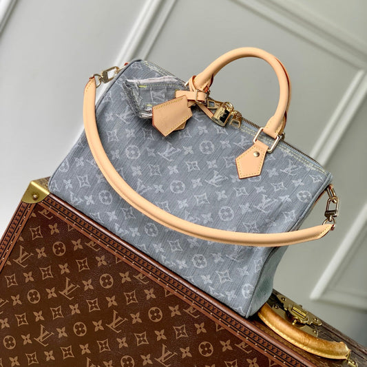 Speedy Soft 30 in Grey Monogram Denim Light Brown Calfskin
