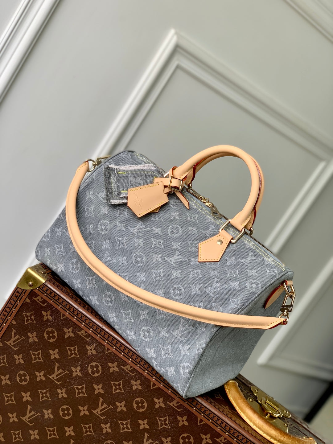 Speedy Soft 30 in Grey Monogram Denim Light Brown Calfskin
