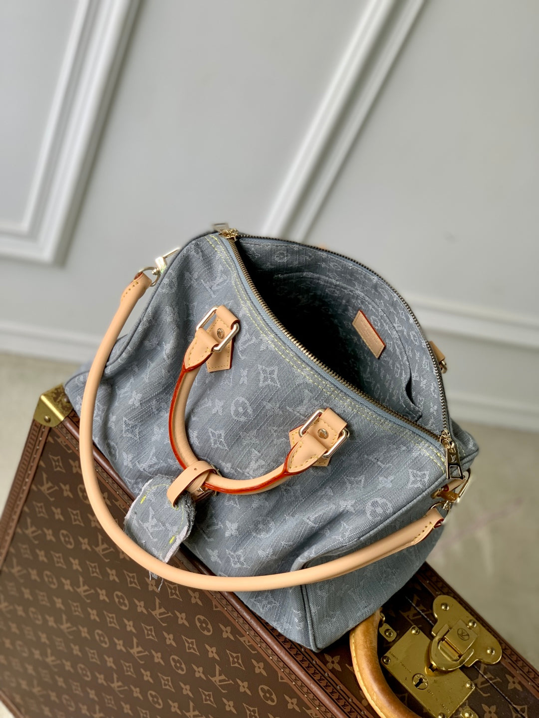 Speedy Soft 30 in Grey Monogram Denim Light Brown Calfskin
