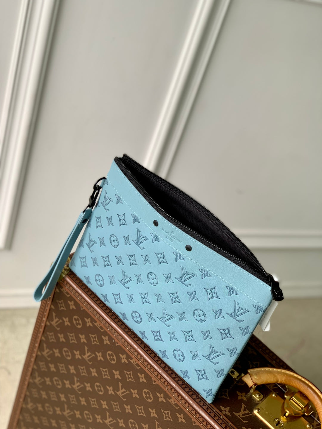 Pochette to Go 30 in Sky Blue Monogram Shadow Calfskin Embossed Logo