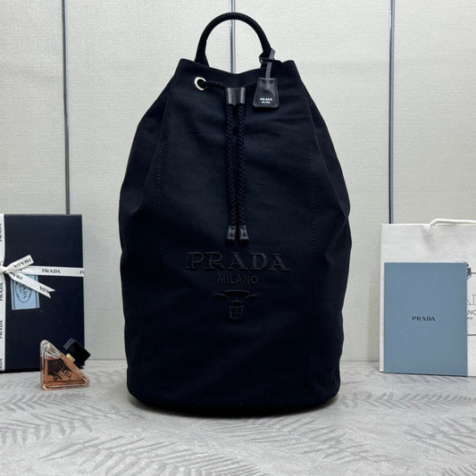 Pra 25S Drawstring Backpack 55 in Black Canvas Linen Silver Hardwre