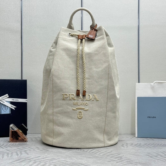 Pra 25S Drawstring Backpack 55 in Beige Canvas Linen Silver Hardware
