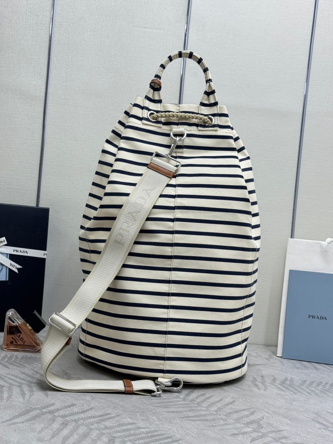 25S Drawstring Backpack 55 in Horizontal Stripes Canvas Silver Hardware