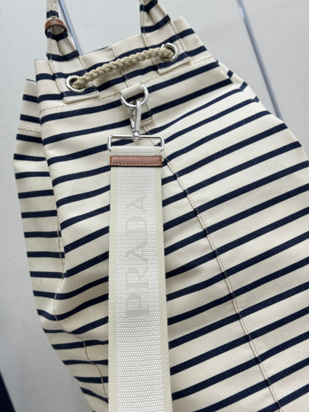 25S Drawstring Backpack 55 in Horizontal Stripes Canvas Silver Hardware
