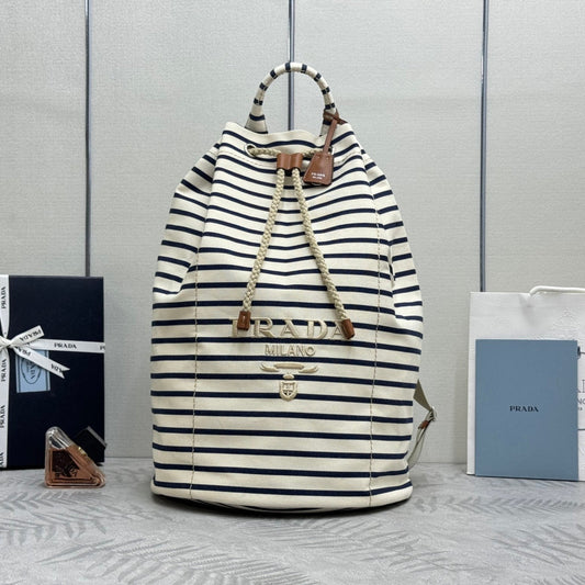 Pra 25S Drawstring Backpack 55 in Horizontal Stripes Canvas Silver Hardwre