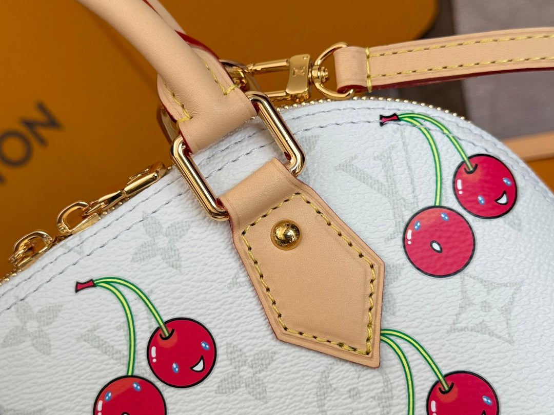 25S Alma BB 23 in White Canvas Monogram Cherry Print Gold Hardware