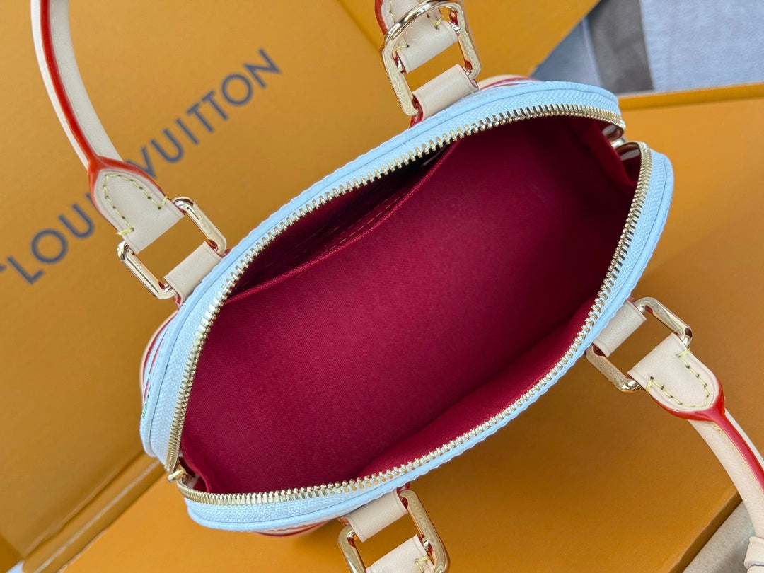 25S Alma BB 23 in White Canvas Monogram Cherry Print Gold Hardware
