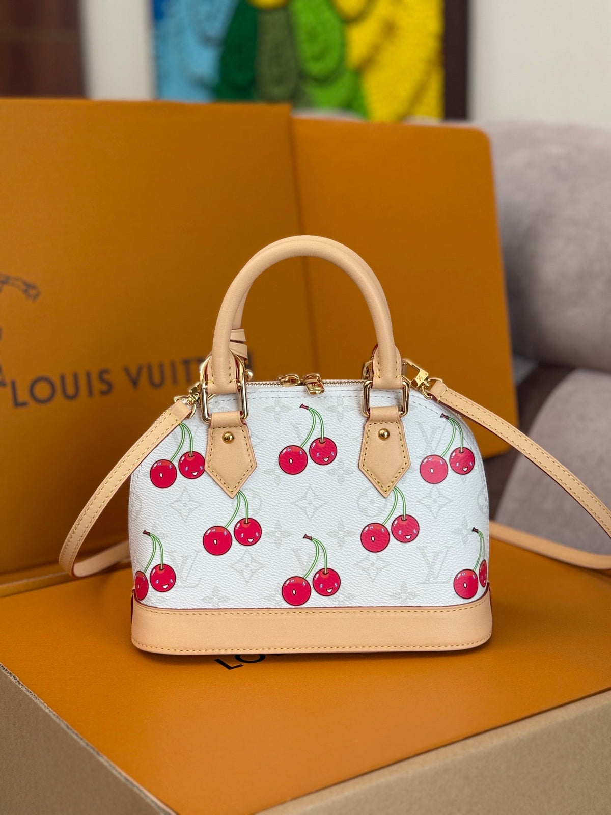 25S Alma BB 23 in White Canvas Monogram Cherry Print Gold Hardware