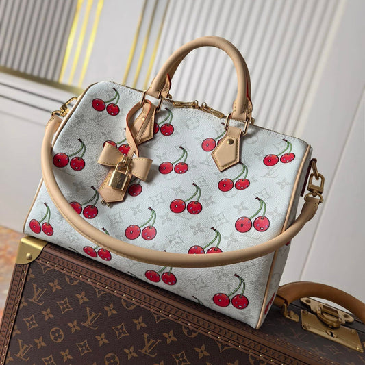25S Speedy Soft 30 in White Canvas Monogram Cherry Print Gold Hardware