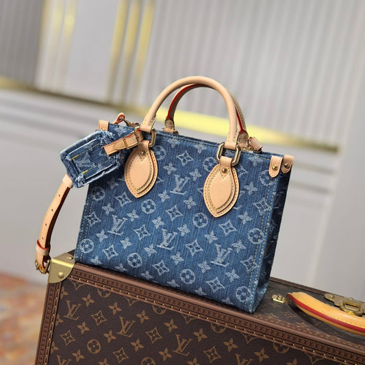 25S Onthego 28 in Blue Monogram Denim Cotton Calfskin Leather Strap