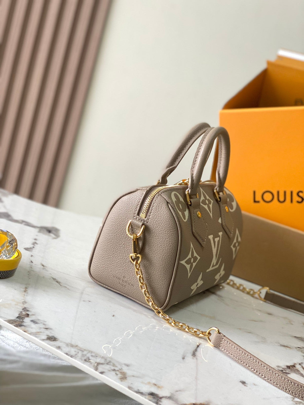 Speedy Bandoulière 20 in Taupe Brown and White Monogram Empreinte Leather