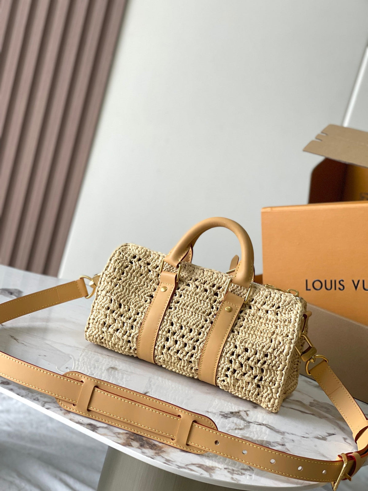 Keepall Bandoulière 25 in Beige Crocheted Raffia and Calfskin Trim