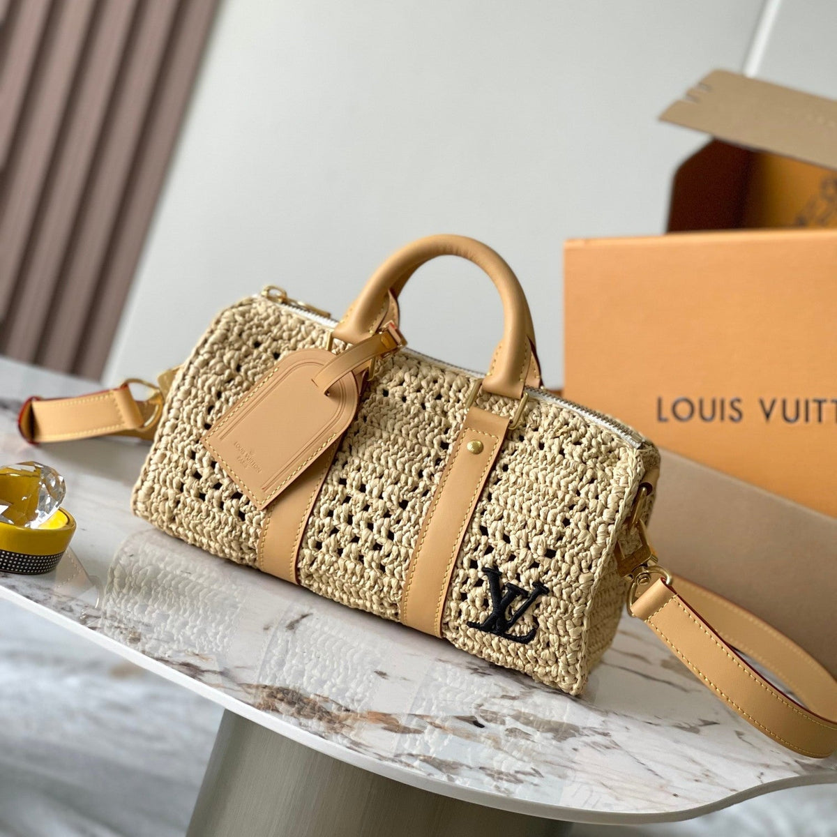 Keepall Bandoulière 25 in Beige Crocheted Raffia and Calfskin Trim
