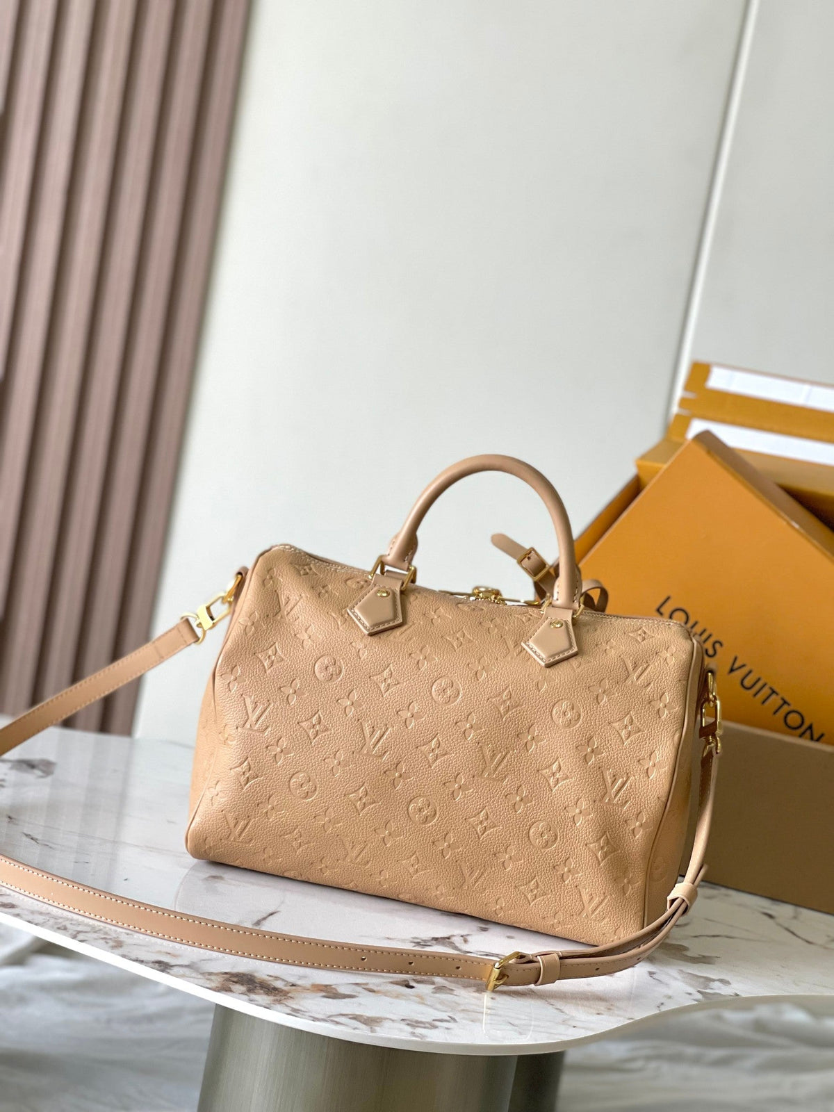 Speedy Soft 30 in Pale Orange Embossed Calfskin
