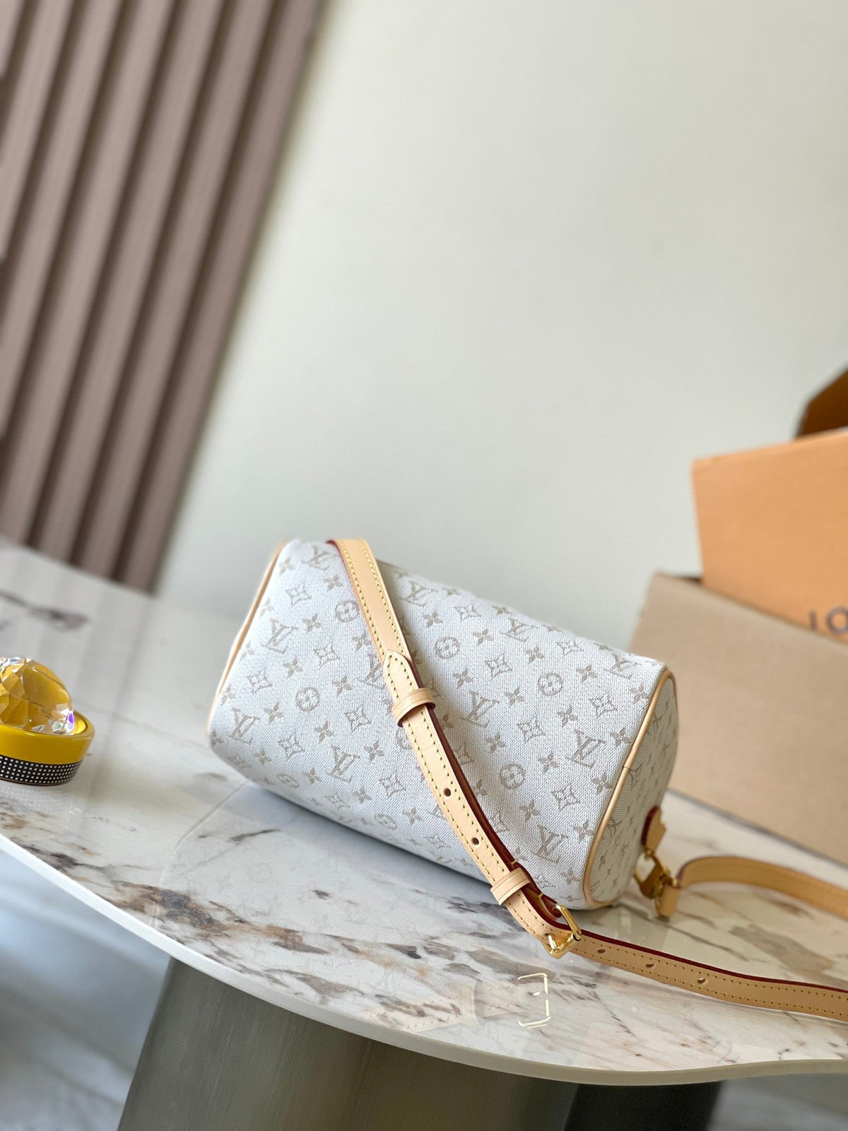 Speedy Bandoulière 20 in White Monogram Jacquard and Beige Calfskin Trim