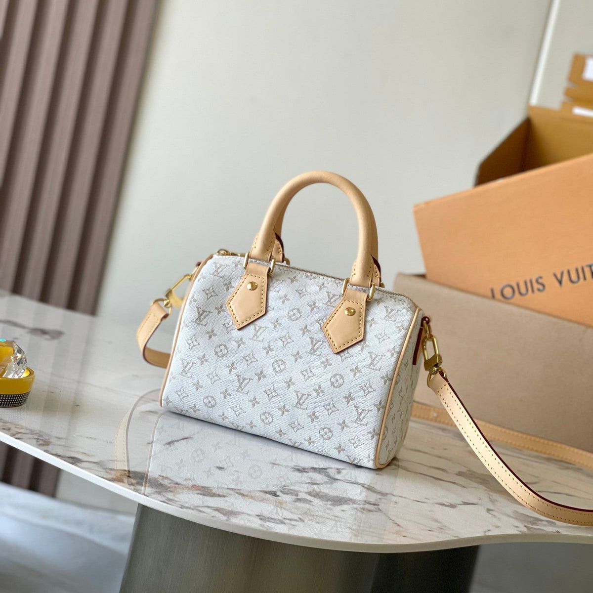 Speedy Bandoulière 20 in White Monogram Jacquard and Beige Calfskin Trim