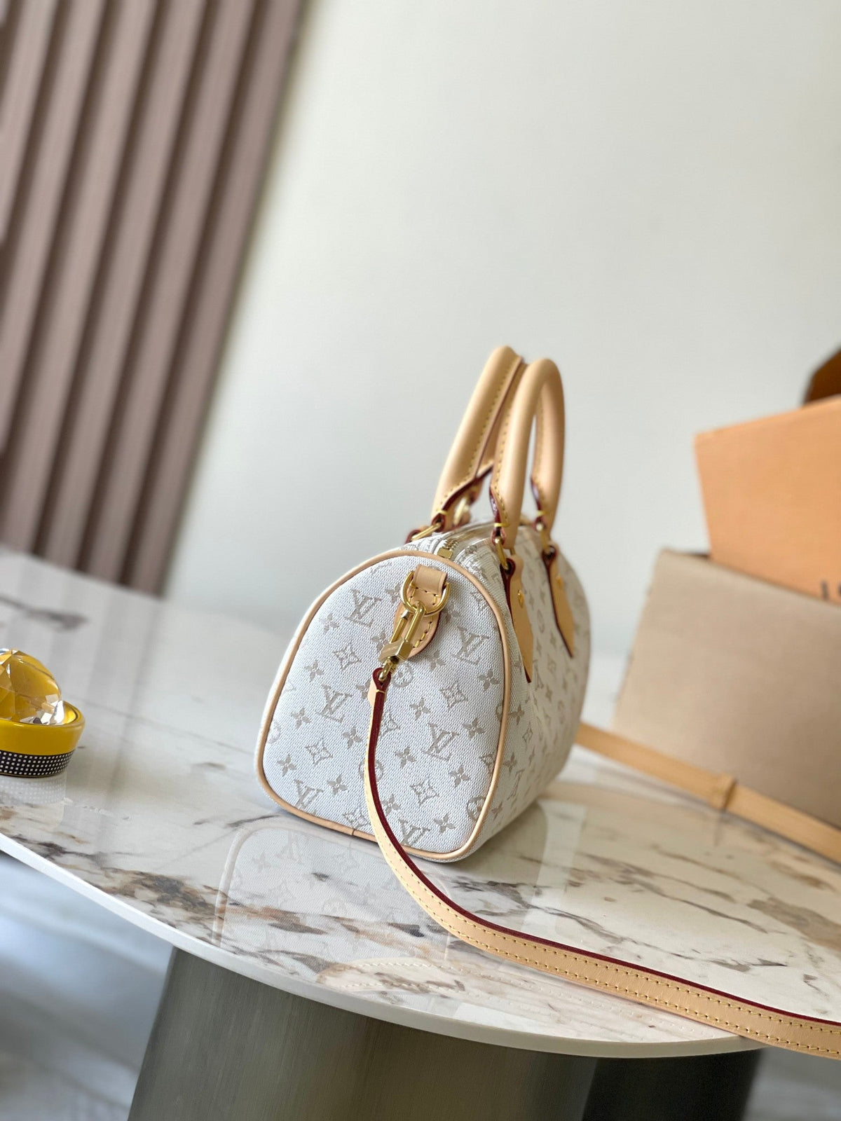 Speedy Bandoulière 20 in White Monogram Jacquard and Beige Calfskin Trim