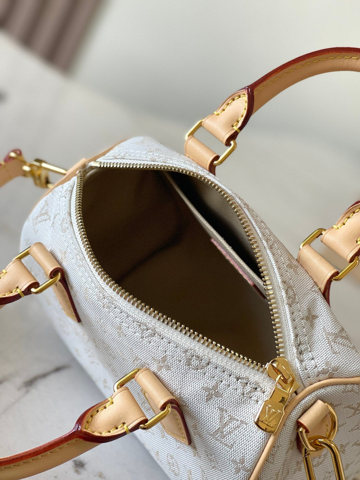 Speedy Bandoulière 20 in White Monogram Jacquard and Beige Calfskin Trim