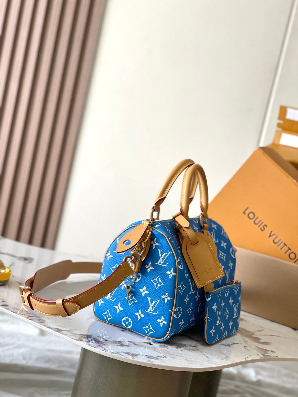 Speedy P9 Bandoulière 25 in Blue Monogram Canvas Gold Hardware