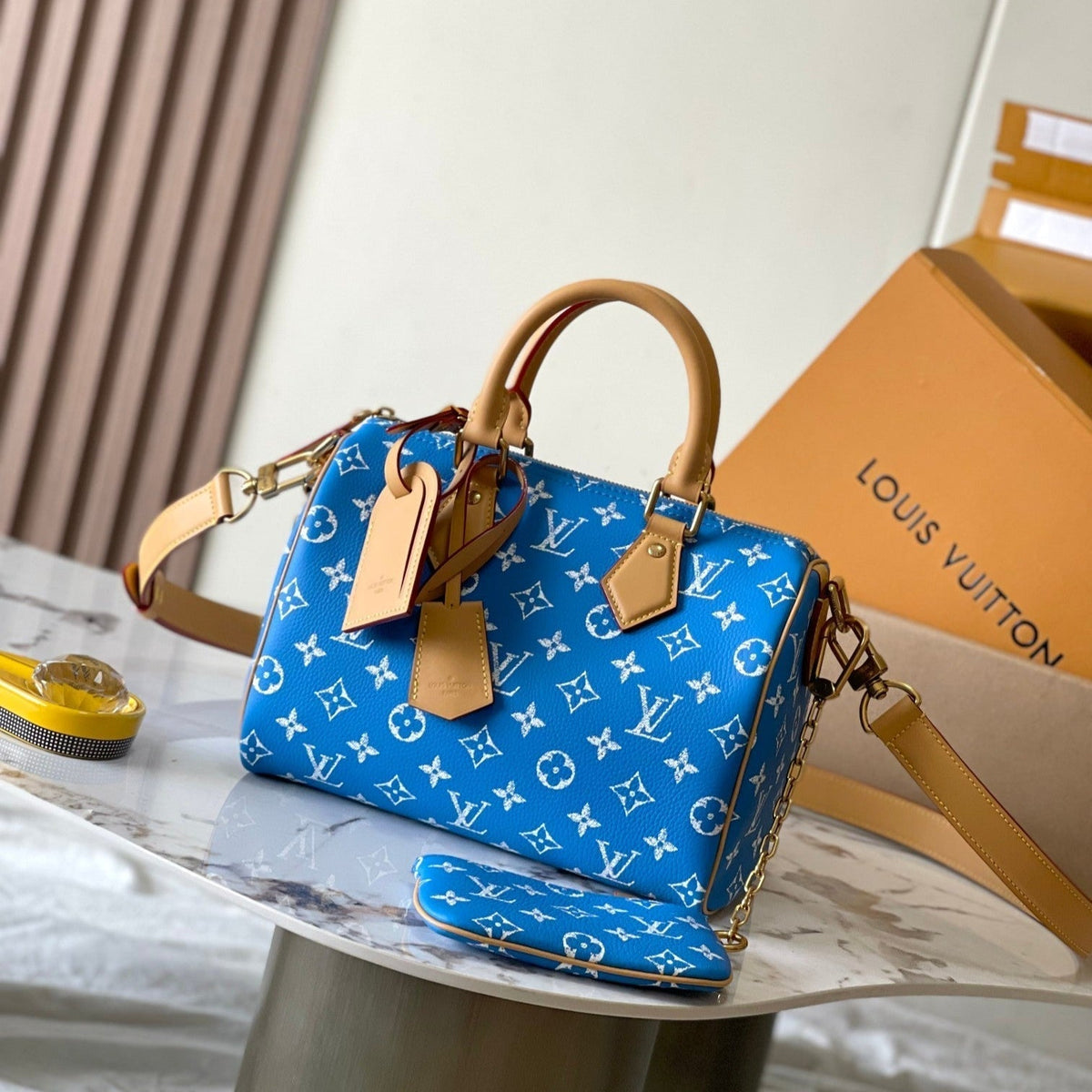 Speedy P9 Bandoulière 25 in Blue Monogram Canvas Gold Hardware
