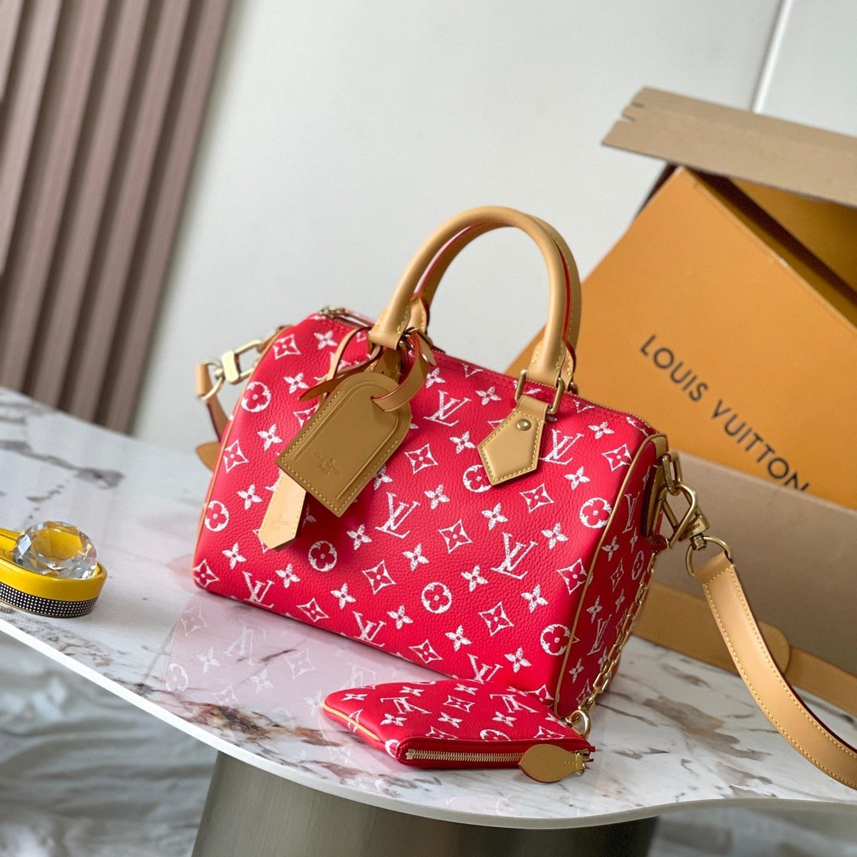 Speedy P9 Bandoulière 25 in Red Monogram Canvas Gold Hardware