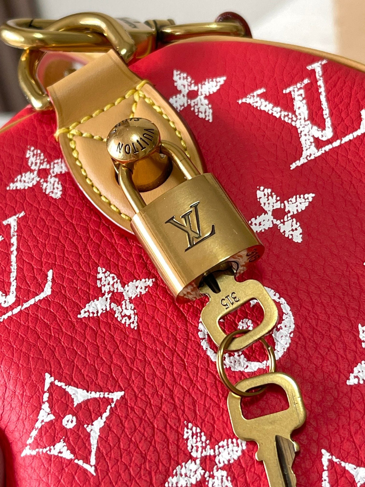 Speedy P9 Bandoulière 25 in Red Monogram Canvas Gold Hardware