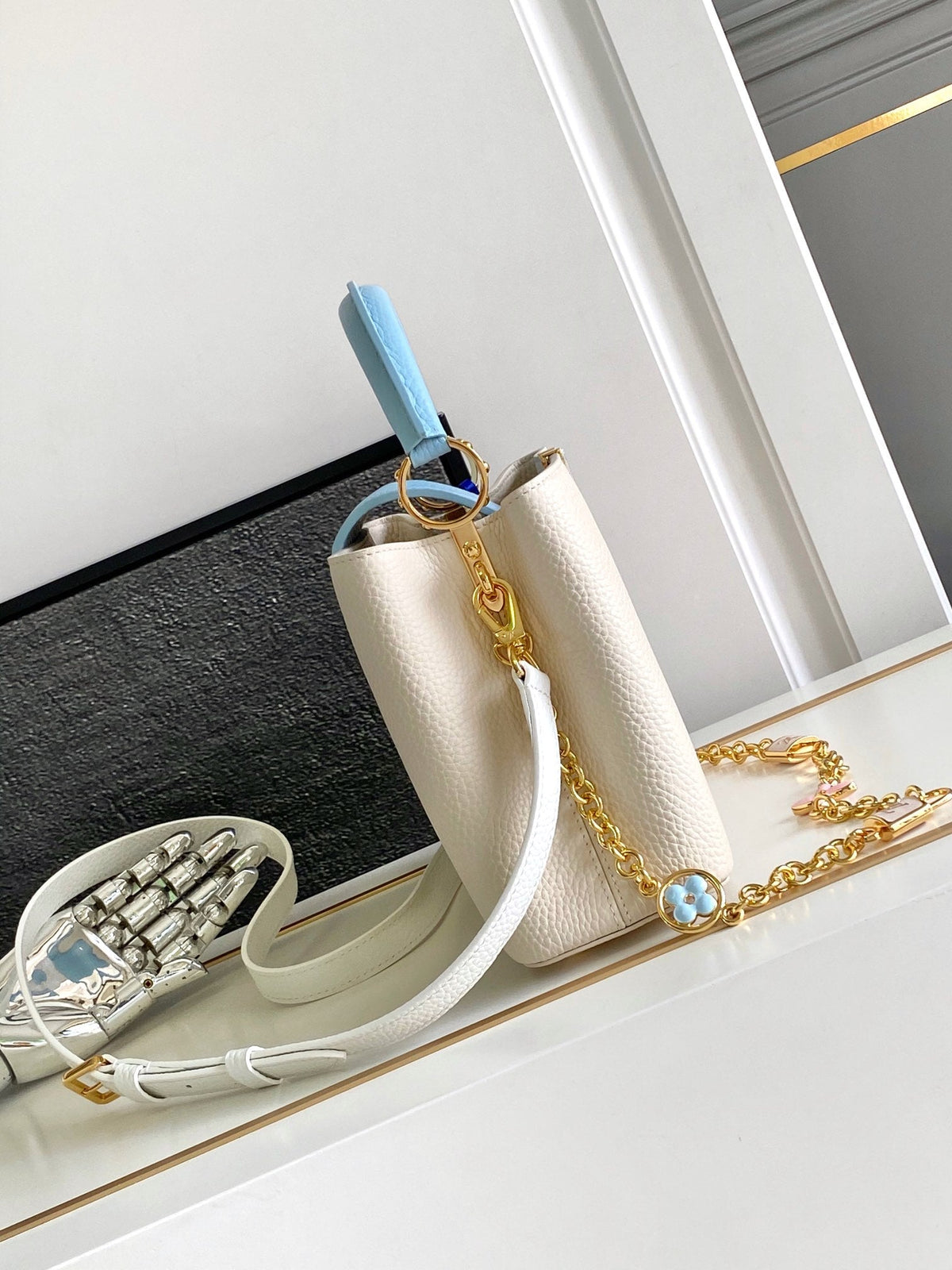 Capucines BB 27 in Pearl White Mix Sky Blue Taurillon Gold Hardware