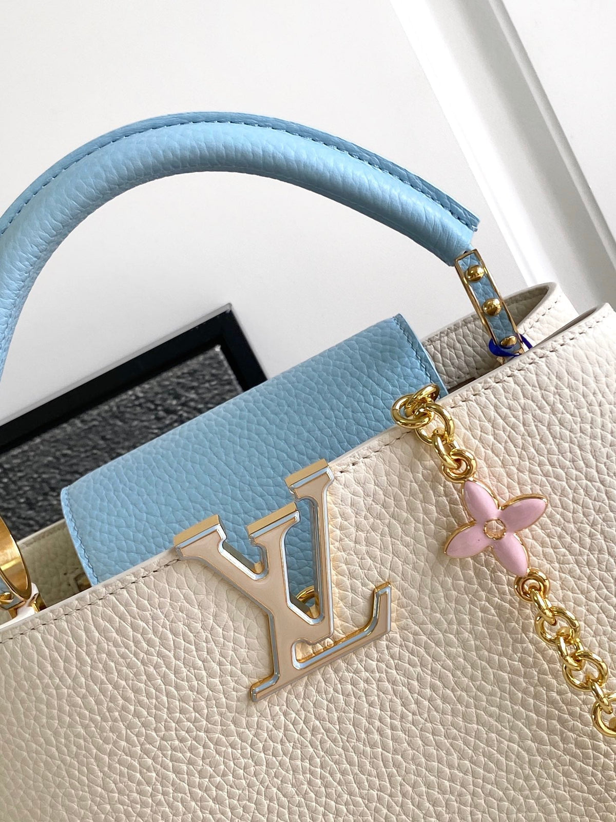 Capucines BB 27 in Pearl White Mix Sky Blue Taurillon Gold Hardware