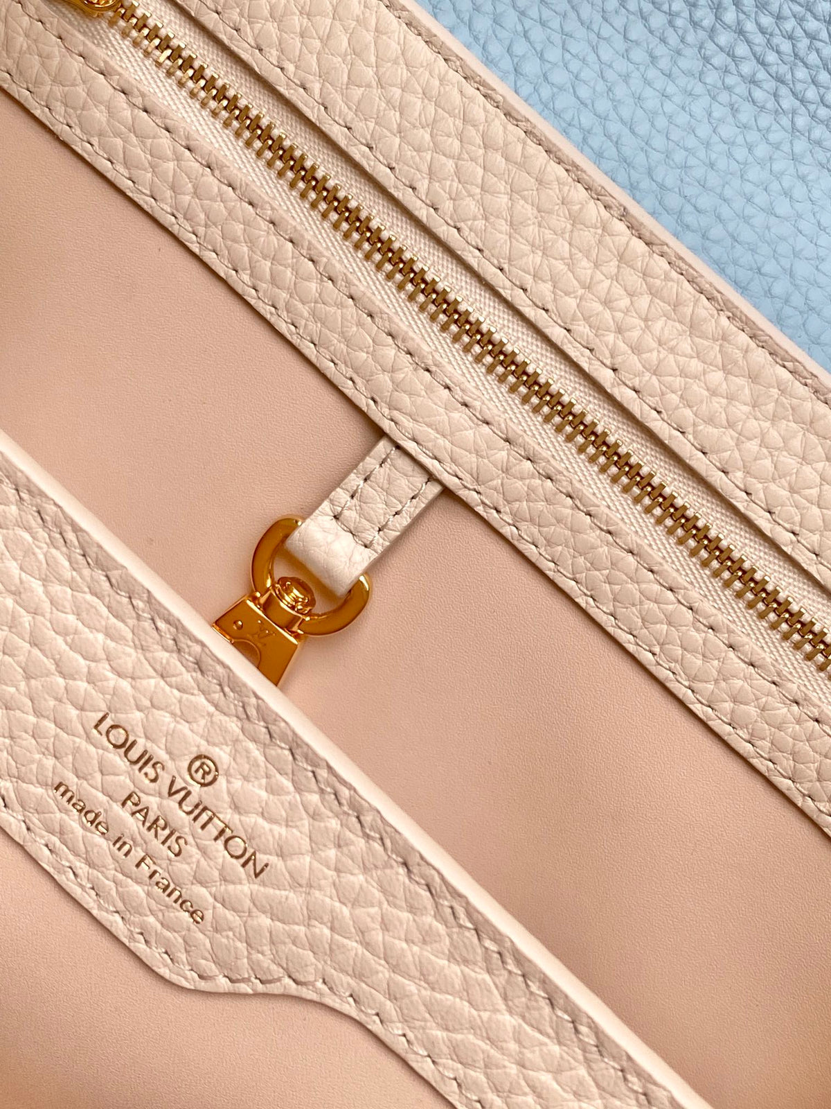 Capucines BB 27 in Pearl White Mix Sky Blue Taurillon Gold Hardware