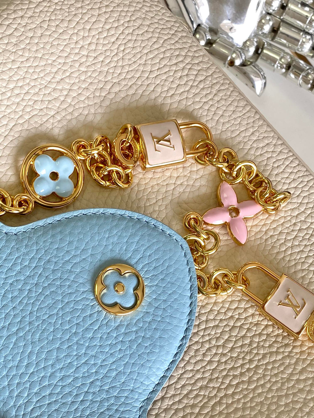Capucines BB 27 in Pearl White Mix Sky Blue Taurillon Gold Hardware