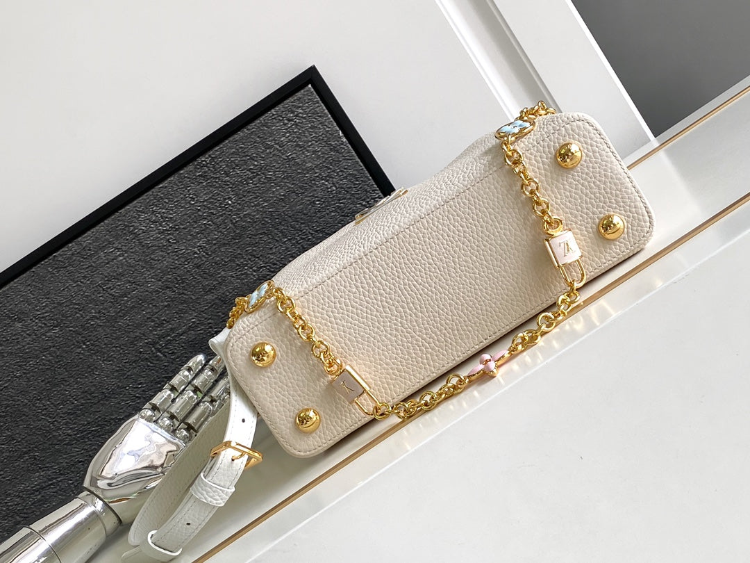 Capucines BB 27 in Pearl White Mix Sky Blue Taurillon Gold Hardware